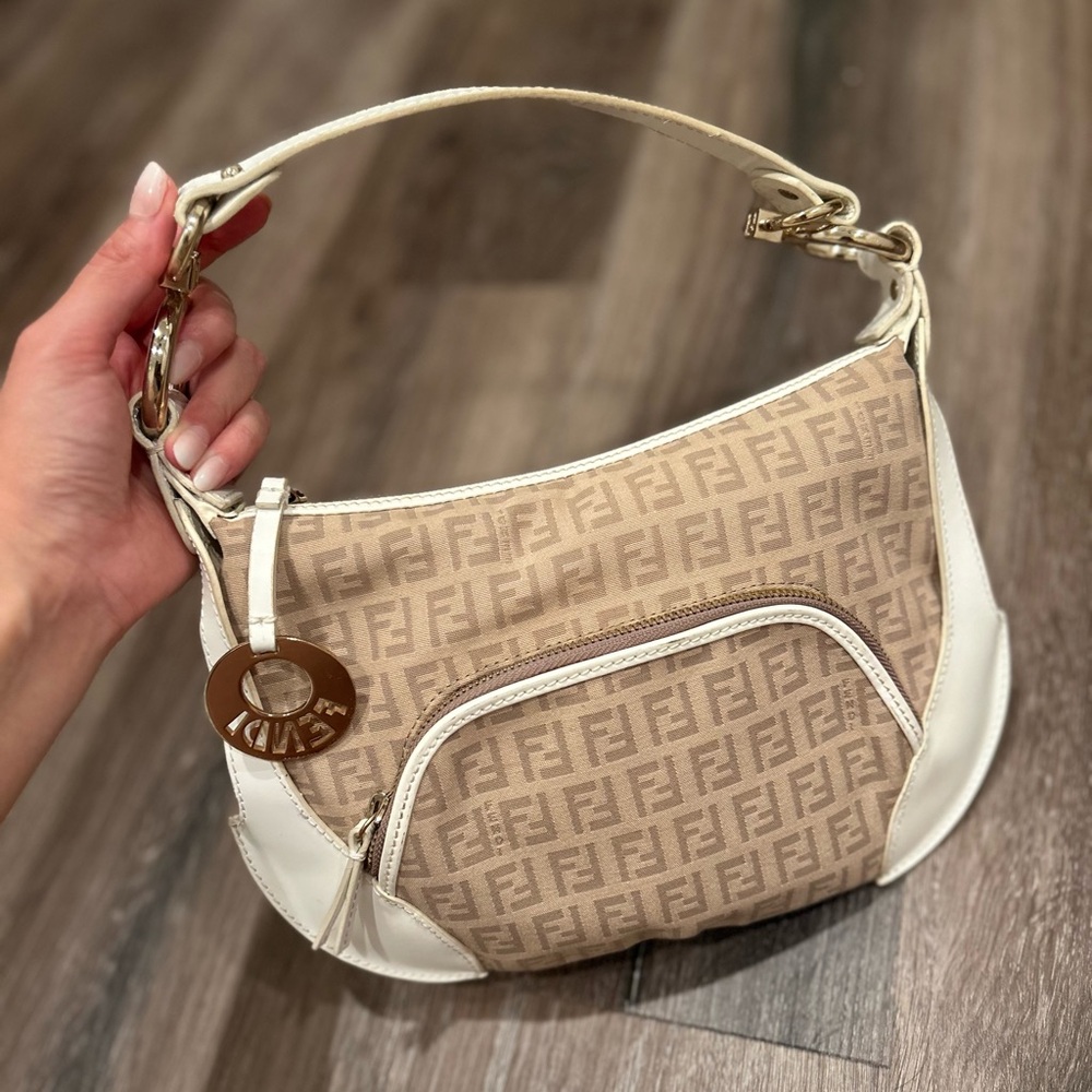 SOLD- Fendi Tan and White Shoulder Bag with Iconic FF Monogram